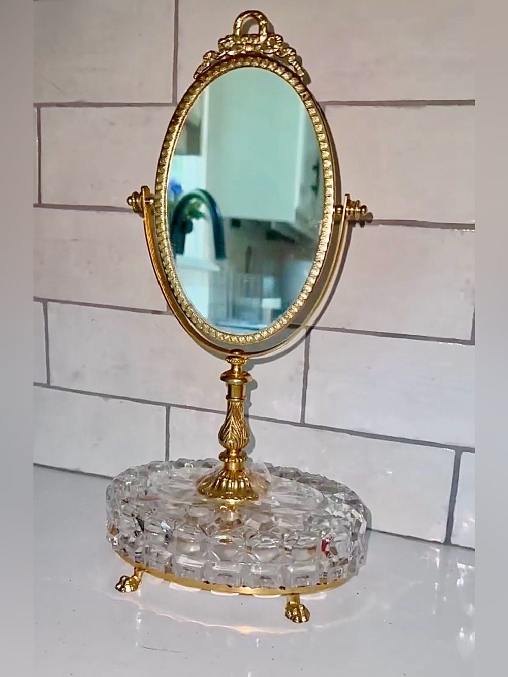 Antique Filigree Victorian Brass Footed Crystal Base Vanity Mirror